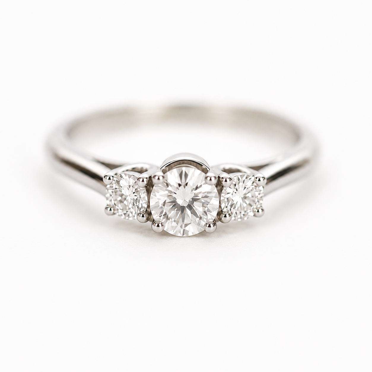 Three stone diamond engagement ring in 14K white gold, round cut center stone