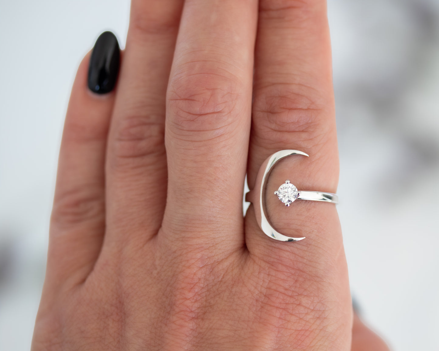 Celestial crescent moon diamond ring in solid gold