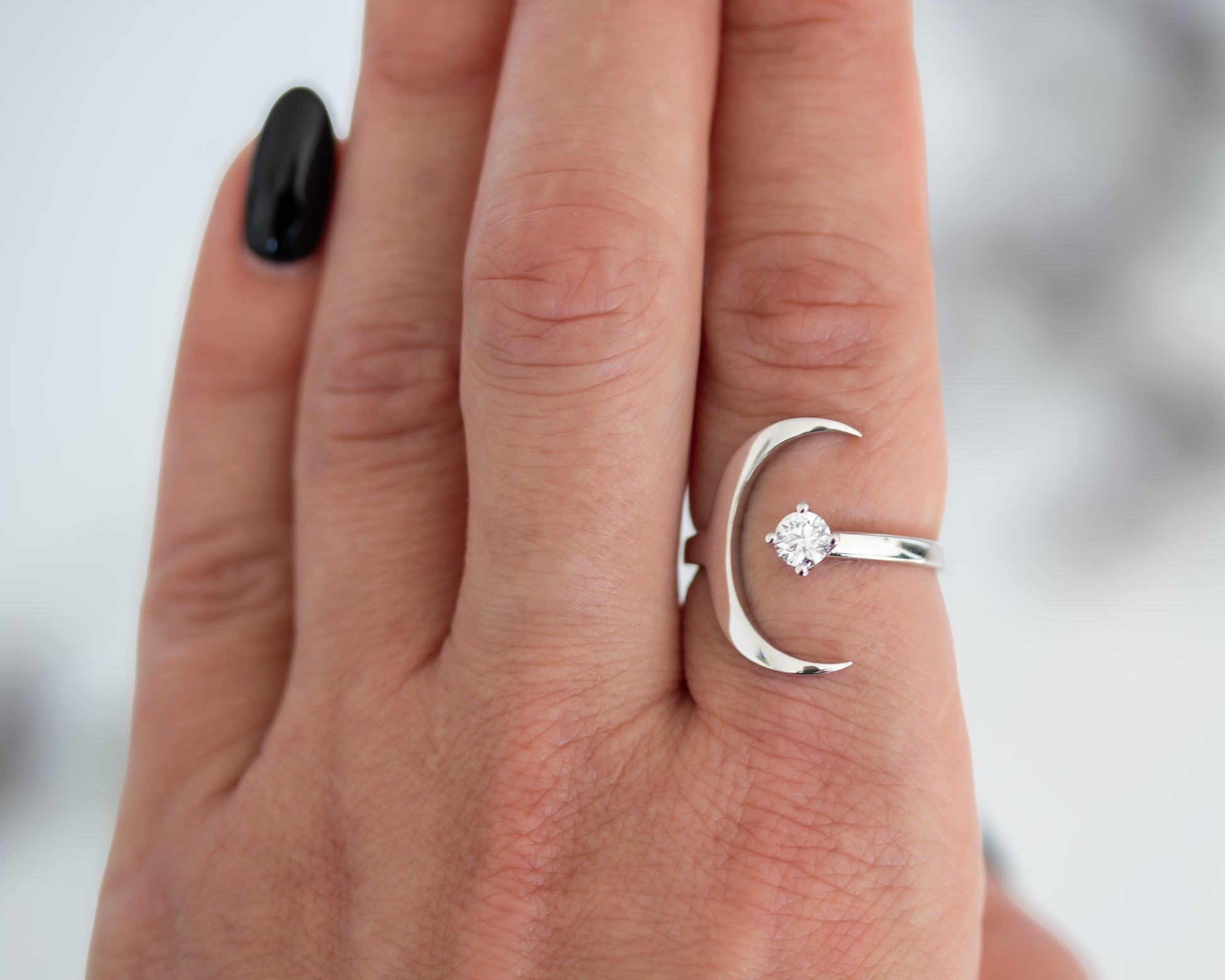 Celestial crescent moon diamond ring in solid gold