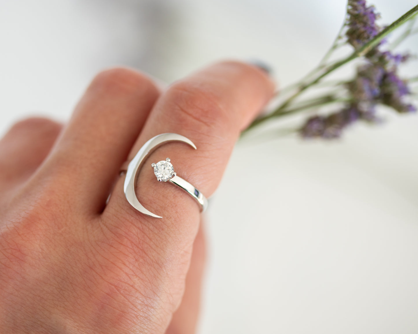 Crescent moon diamond ring in solid 14K gold