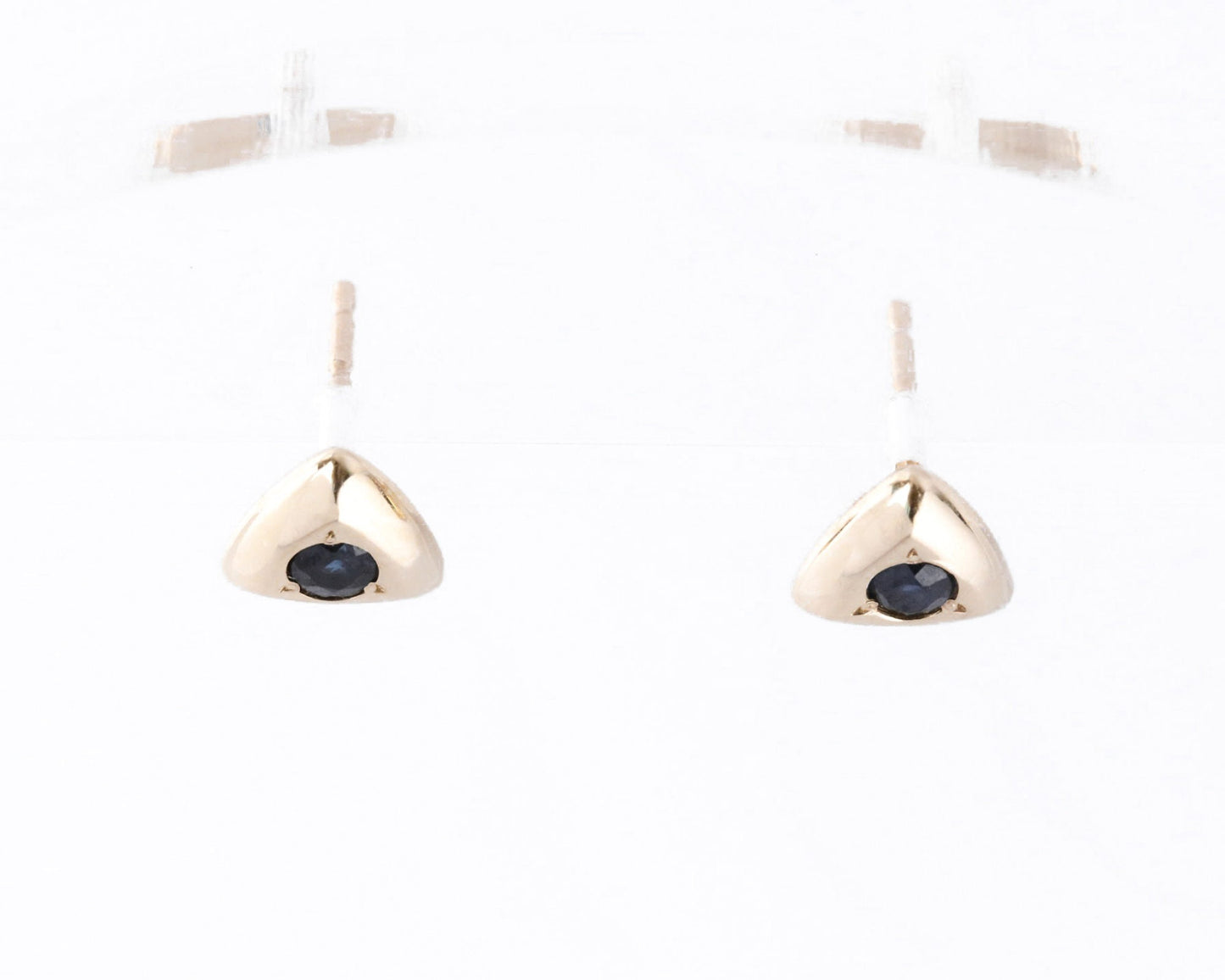 Dainty blue sapphire triangle stud earrings in solid gold