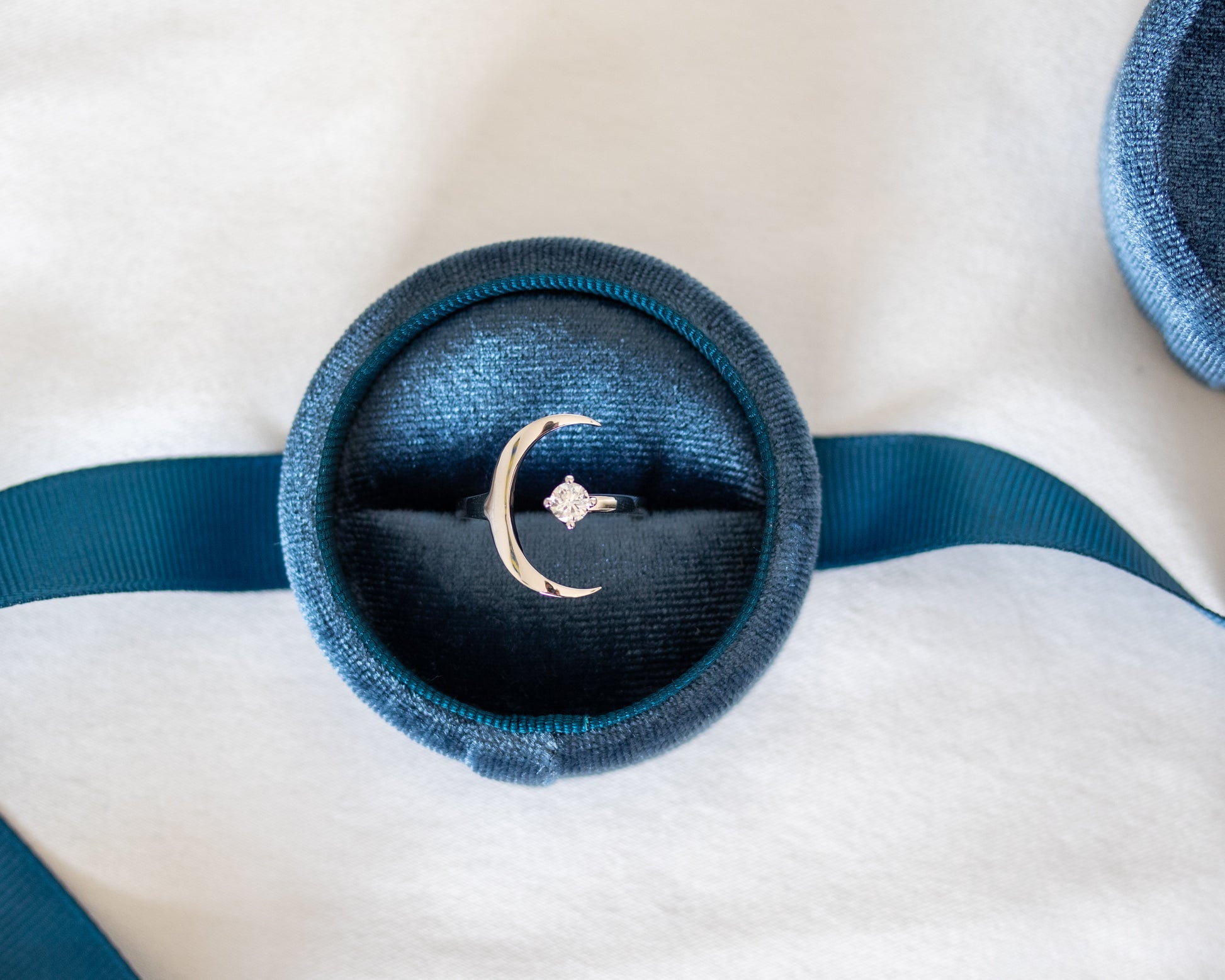 Dainty crescent moon diamond ring in solid gold