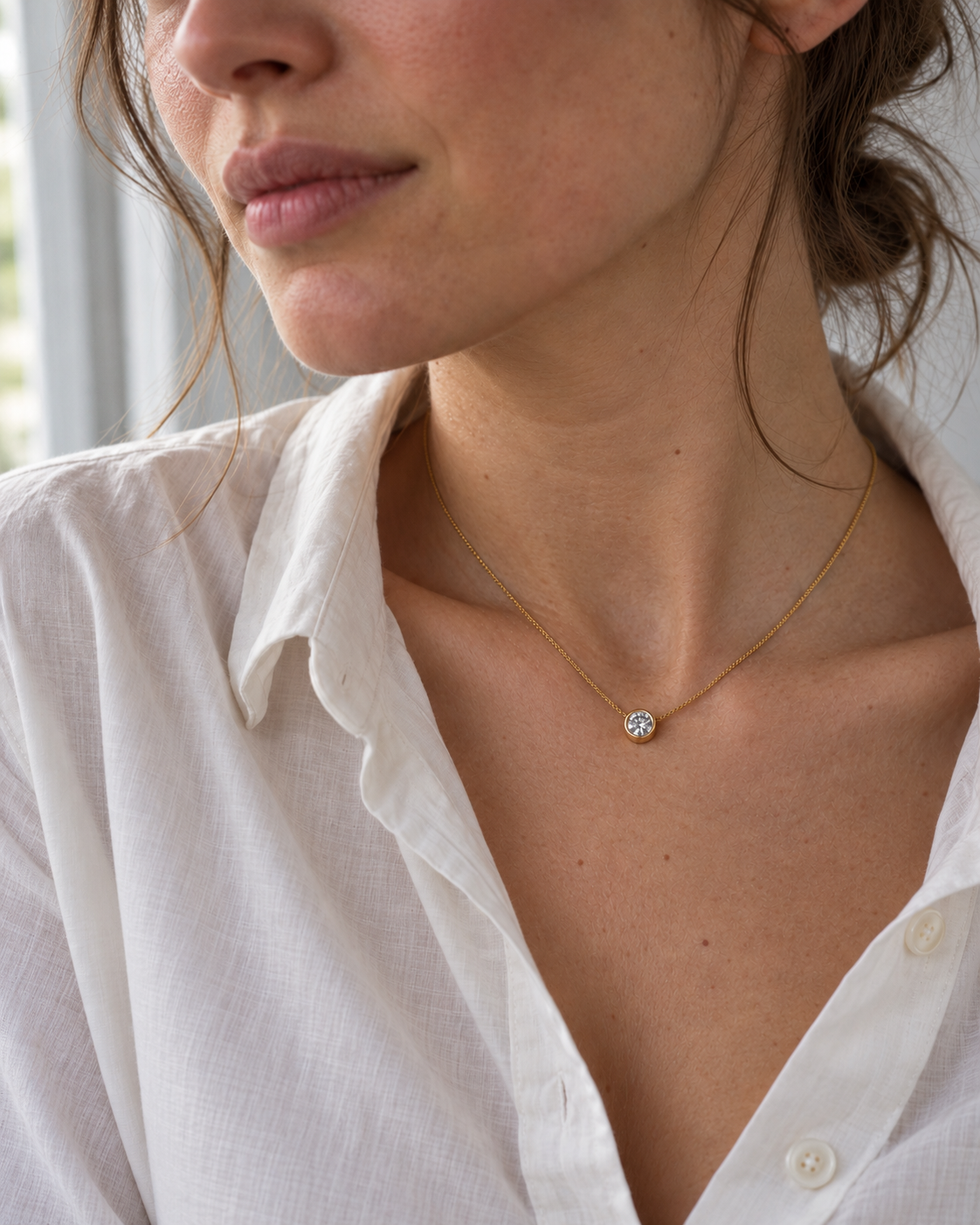 Round diamond bezel solitaire necklace in 14K yellow gold, worn at the collarbone with an open white shirt.