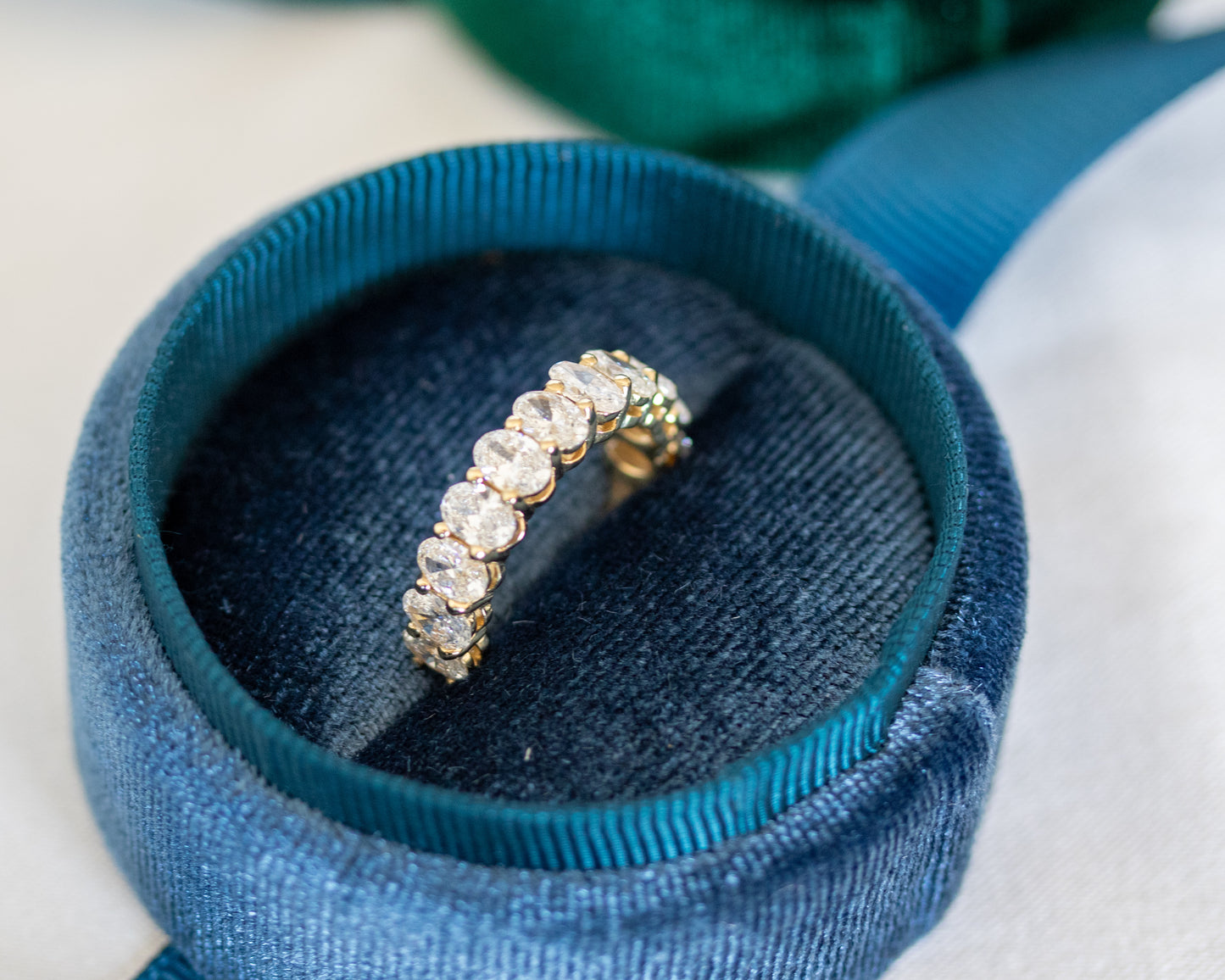 Close-up of oval-cut diamonds set along a gold eternity band
