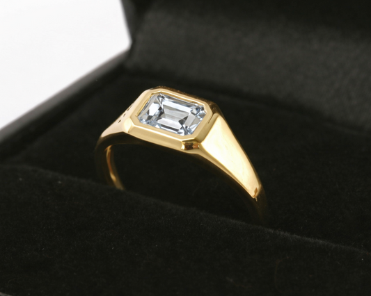 Emerald-cut diamond bezel signet ring in 14K gold