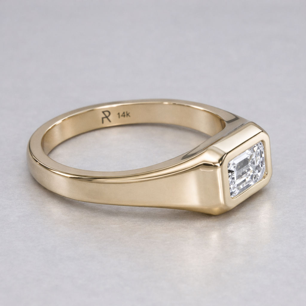 14K gold signet ring, angled view of the band