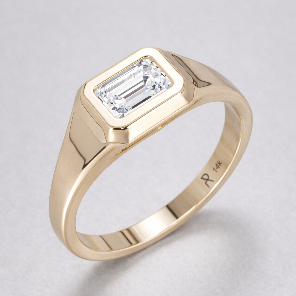 Emerald-cut diamond signet ring, three-quarter view