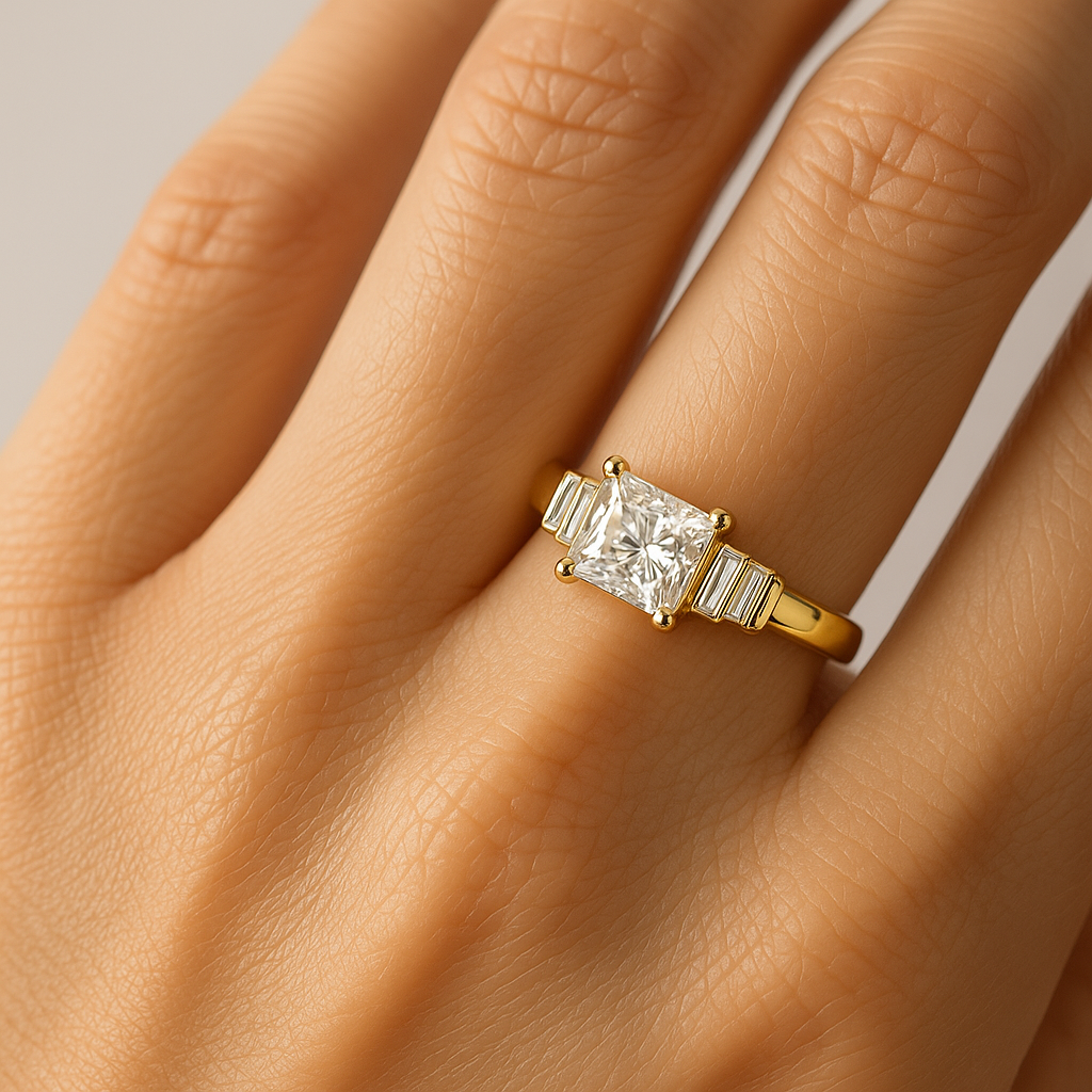 Princess and baguette five-stone engagement ring in yellow gold on a hand