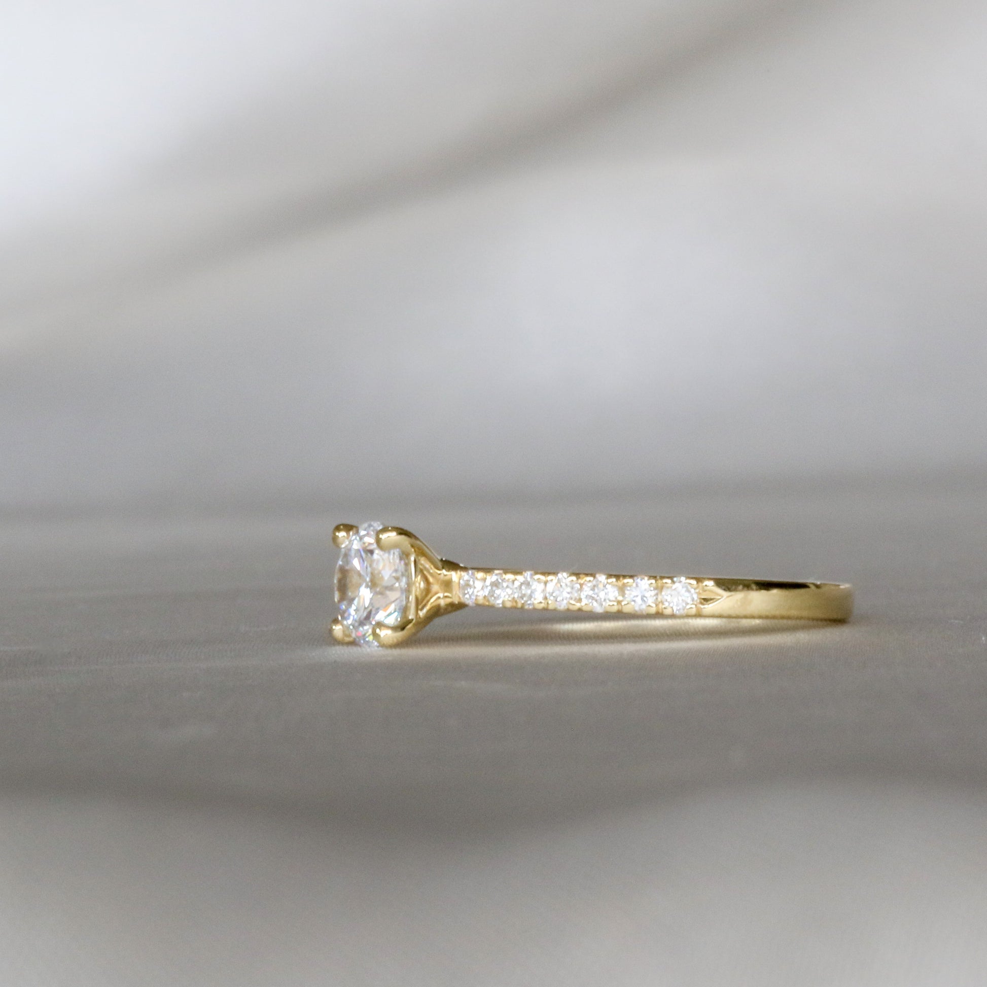 side view of diamond ring with pave setting on the shank