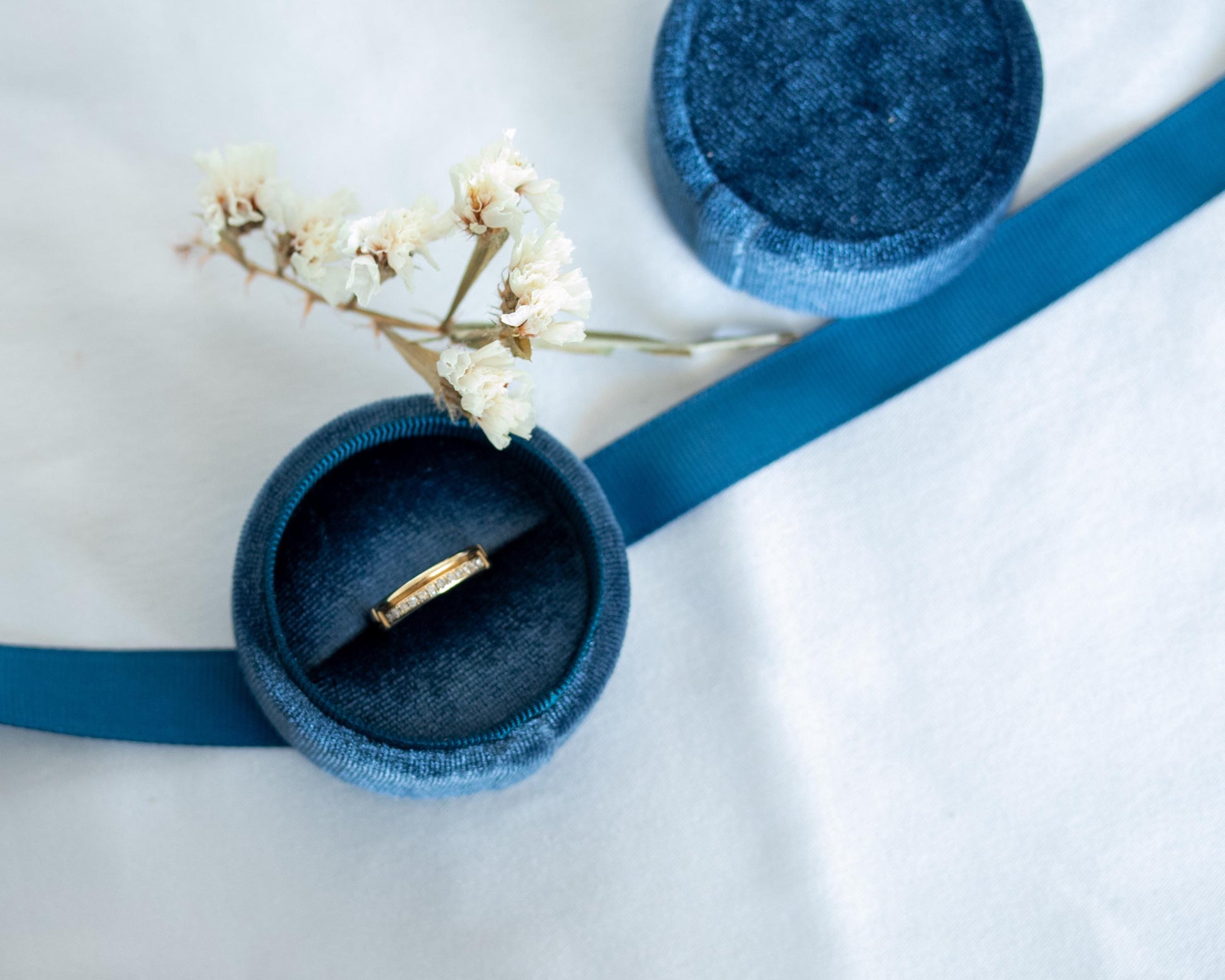 gold ring on blue ribbon close up