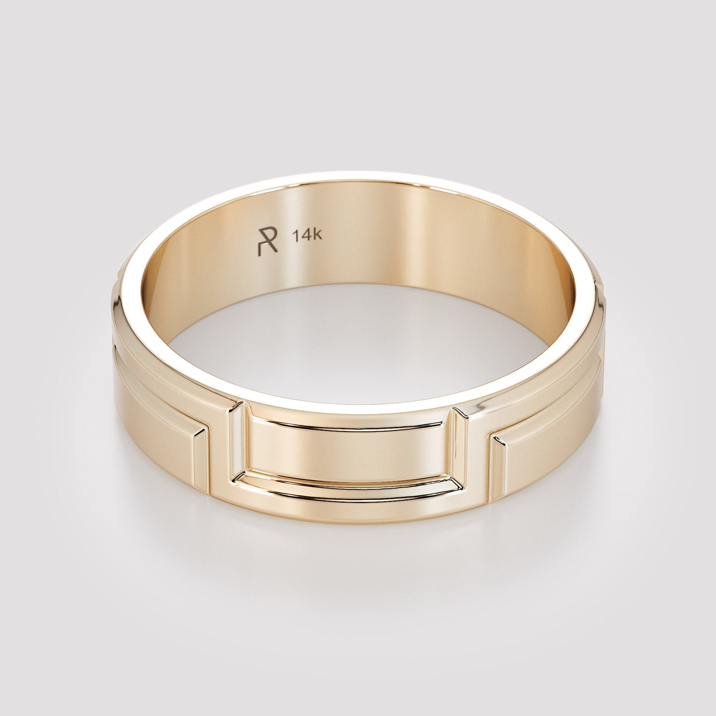 gold ring side view geometric carved pattern
