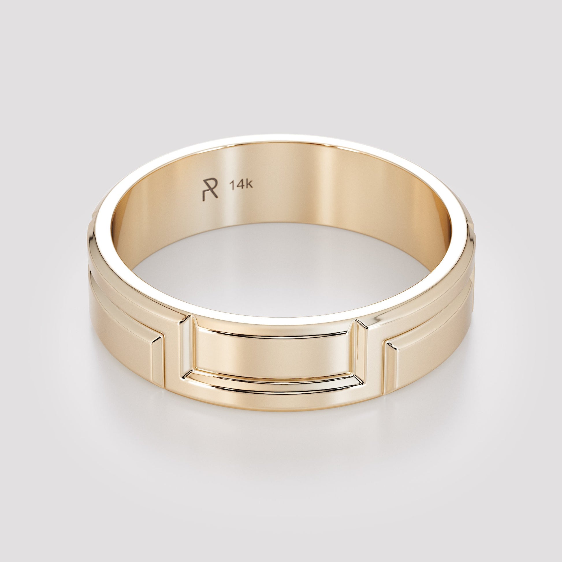 gold ring side view geometric carved pattern