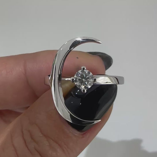 Crescent moon solitaire diamond ring in solid gold