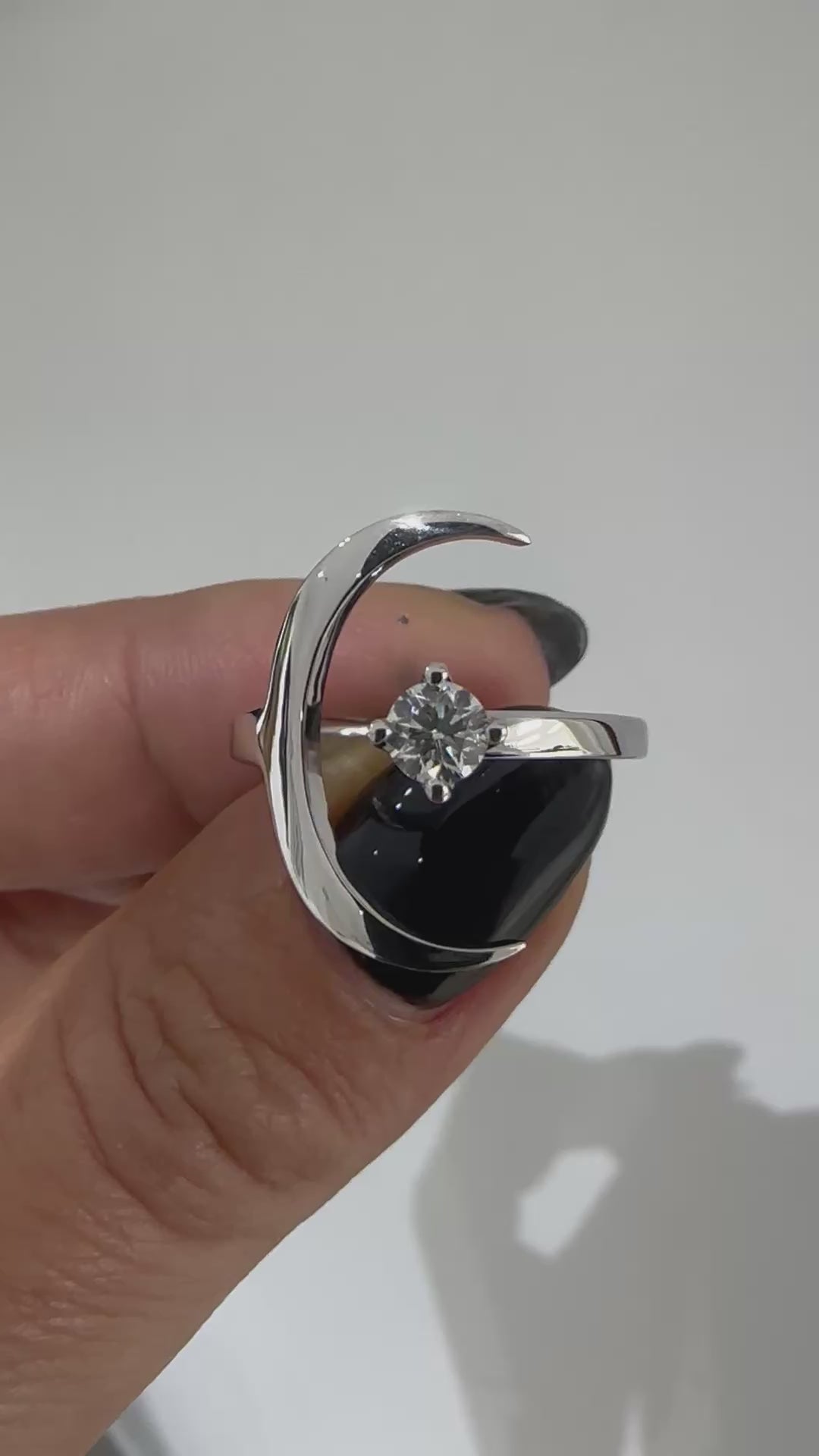Crescent moon solitaire diamond ring in solid gold