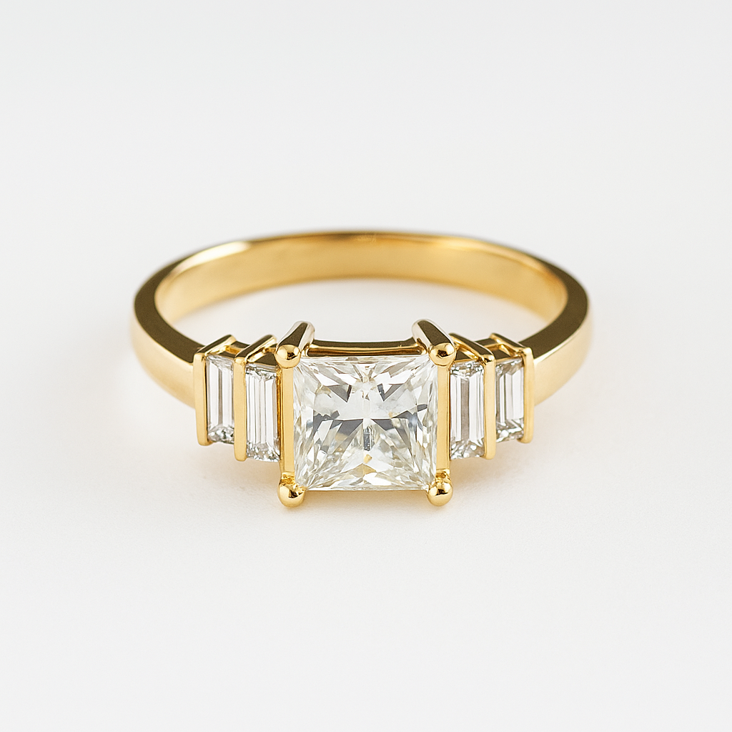 Five-stone engagement ring in yellow gold with a princess cut diamond and stepped baguette diamonds, front view