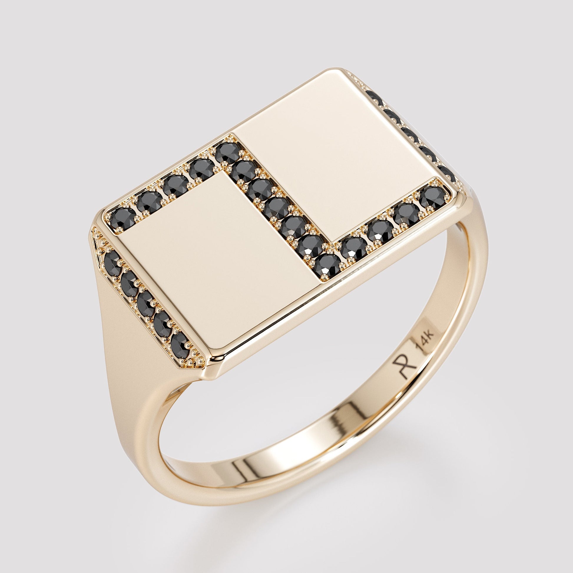 Rectangular signet ring in 14K gold pave set with natural black diamonds, angled view
