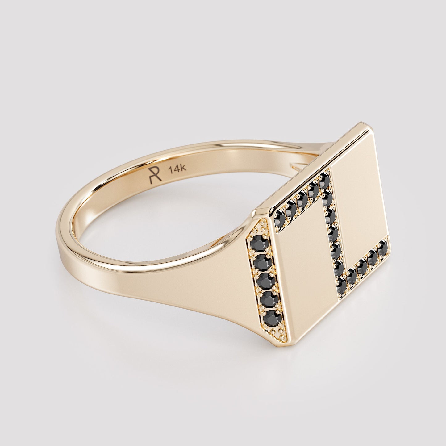 14K gold signet ring with black diamond pave, side view showing the tapered band