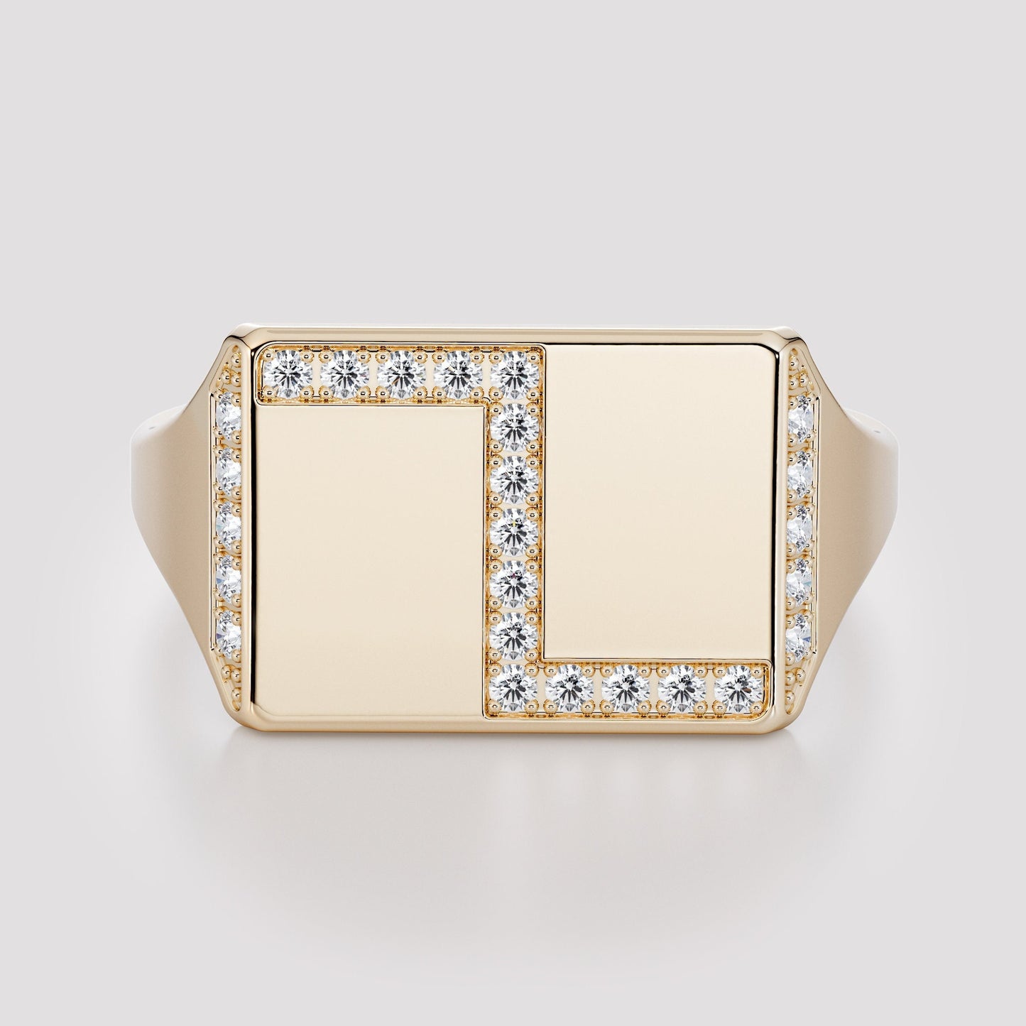 Front view of a rectangular 14K gold signet ring framed with natural white diamonds