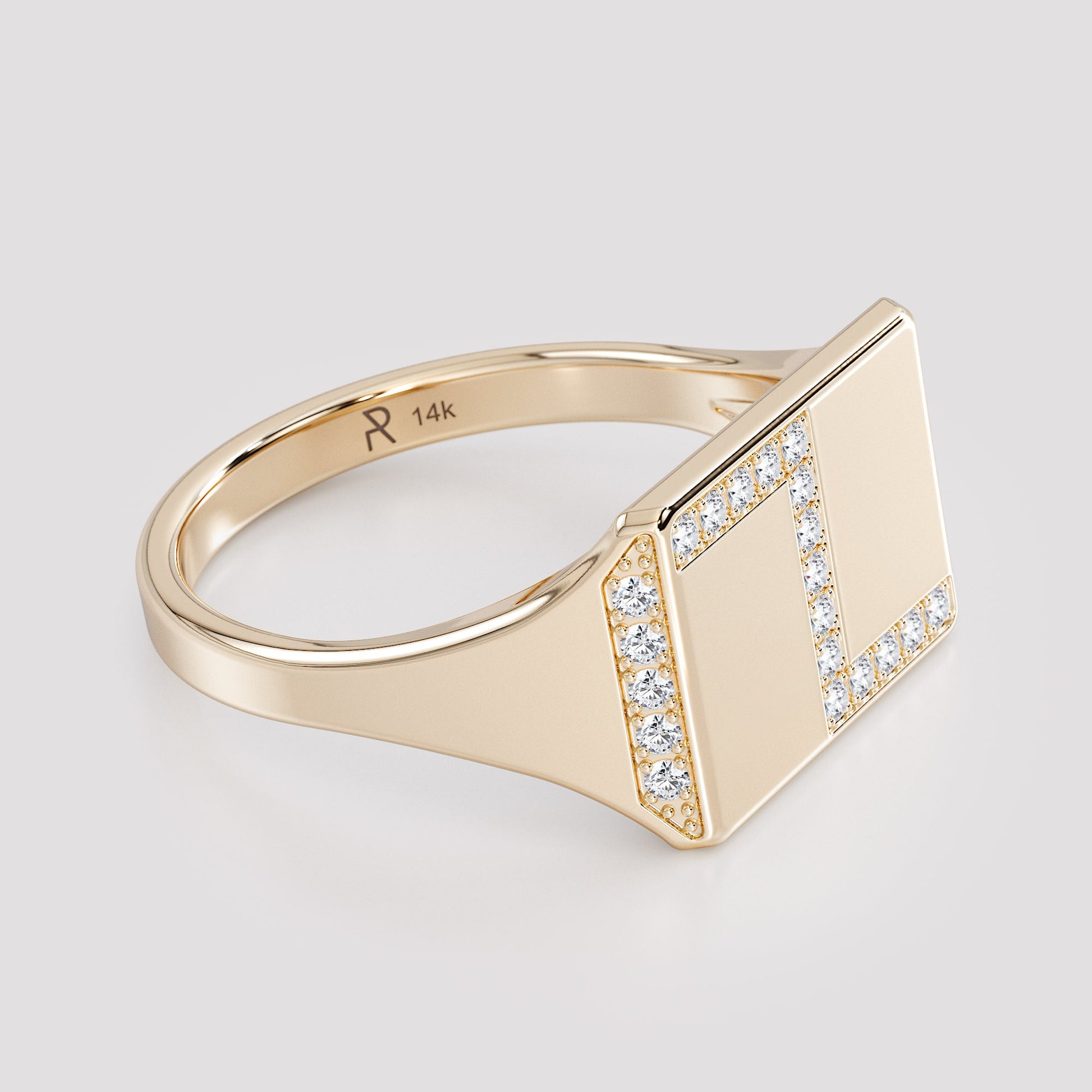 14K gold signet ring with white diamond pave, side view showing the tapered band