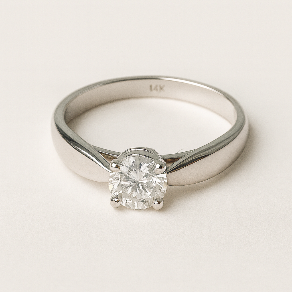 white gold ring with a diamond on a light gray background