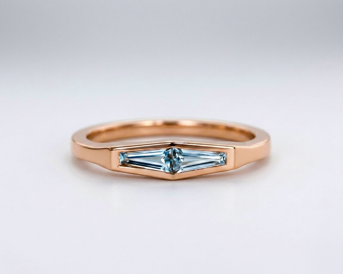 Two-stone tapered baguette natural aquamarine ring in 14K rose gold, front view