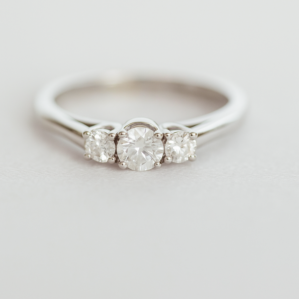 Three-stone diamond engagement ring in 14K white gold with round brilliant cut diamonds, soft natural light and minimalist design