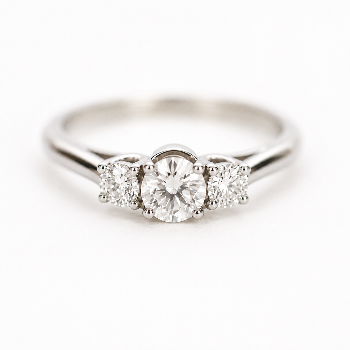 Three-stone engagement ring in white gold with three round brilliant diamonds in prong settings, angled front view on white