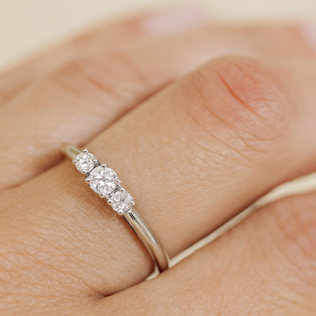 Side view of trilogy diamond ring on hand, delicate gold band