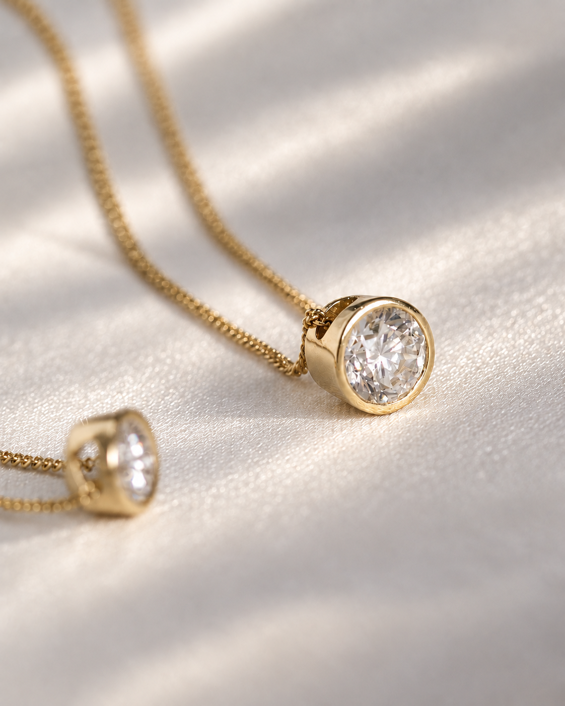 Two round diamond bezel pendants on 14K yellow gold cable chains, on ivory woven fabric in soft light.
