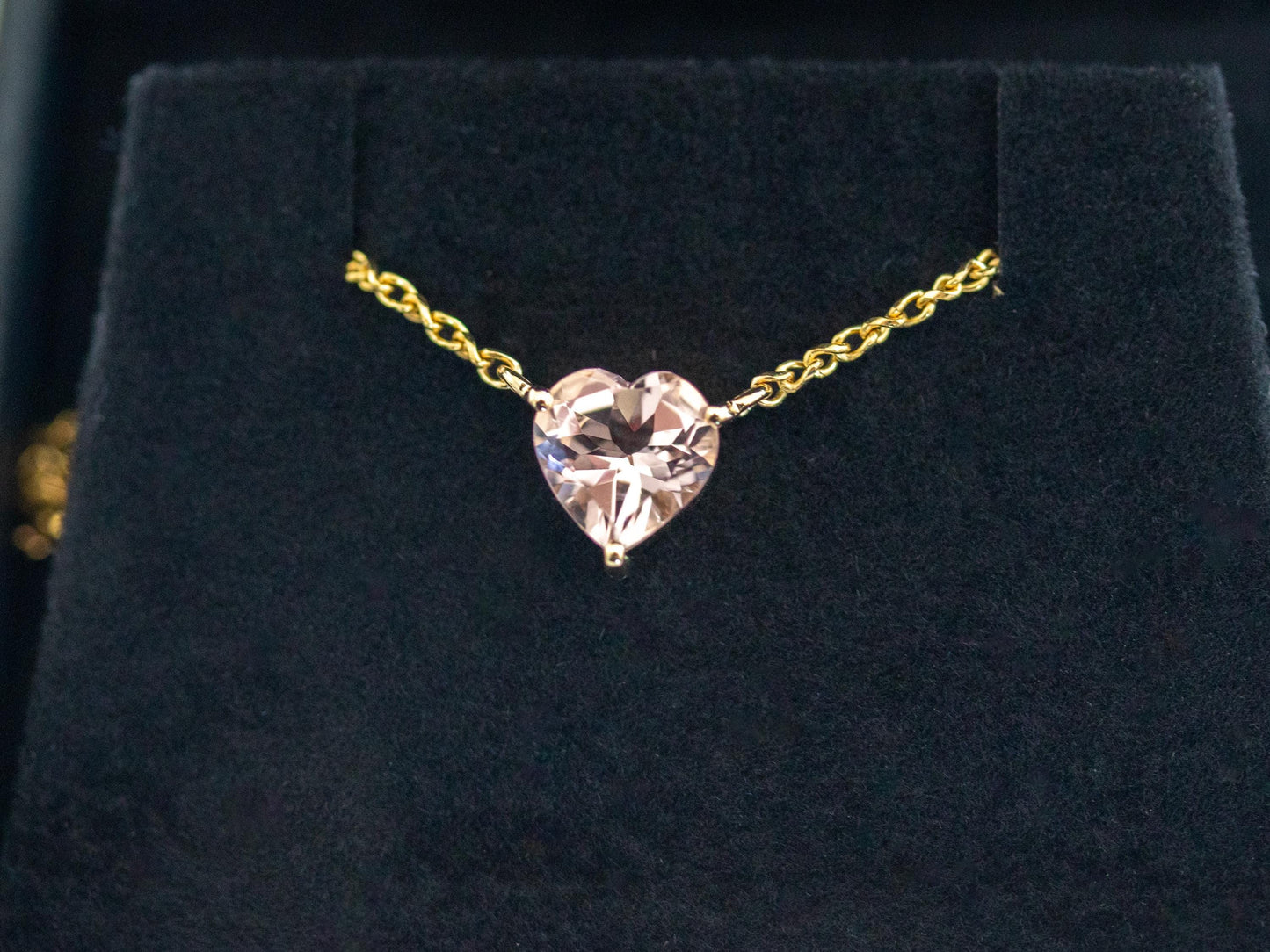 1ct heart morganite pendant in 14K gold displayed in black jewelry box