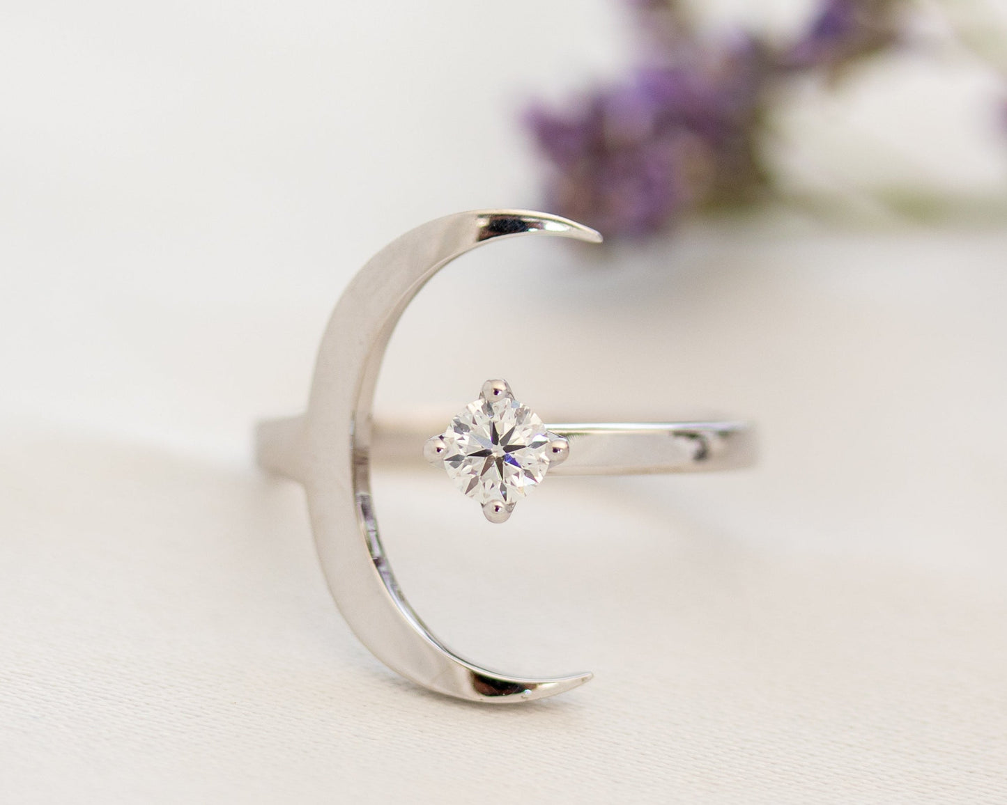 White gold crescent moon diamond ring
