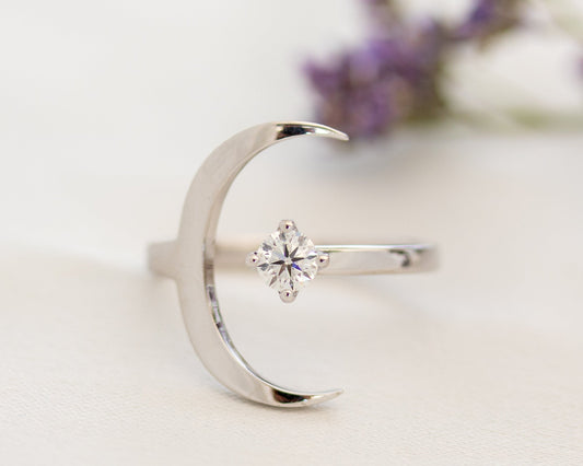 White gold crescent moon diamond ring