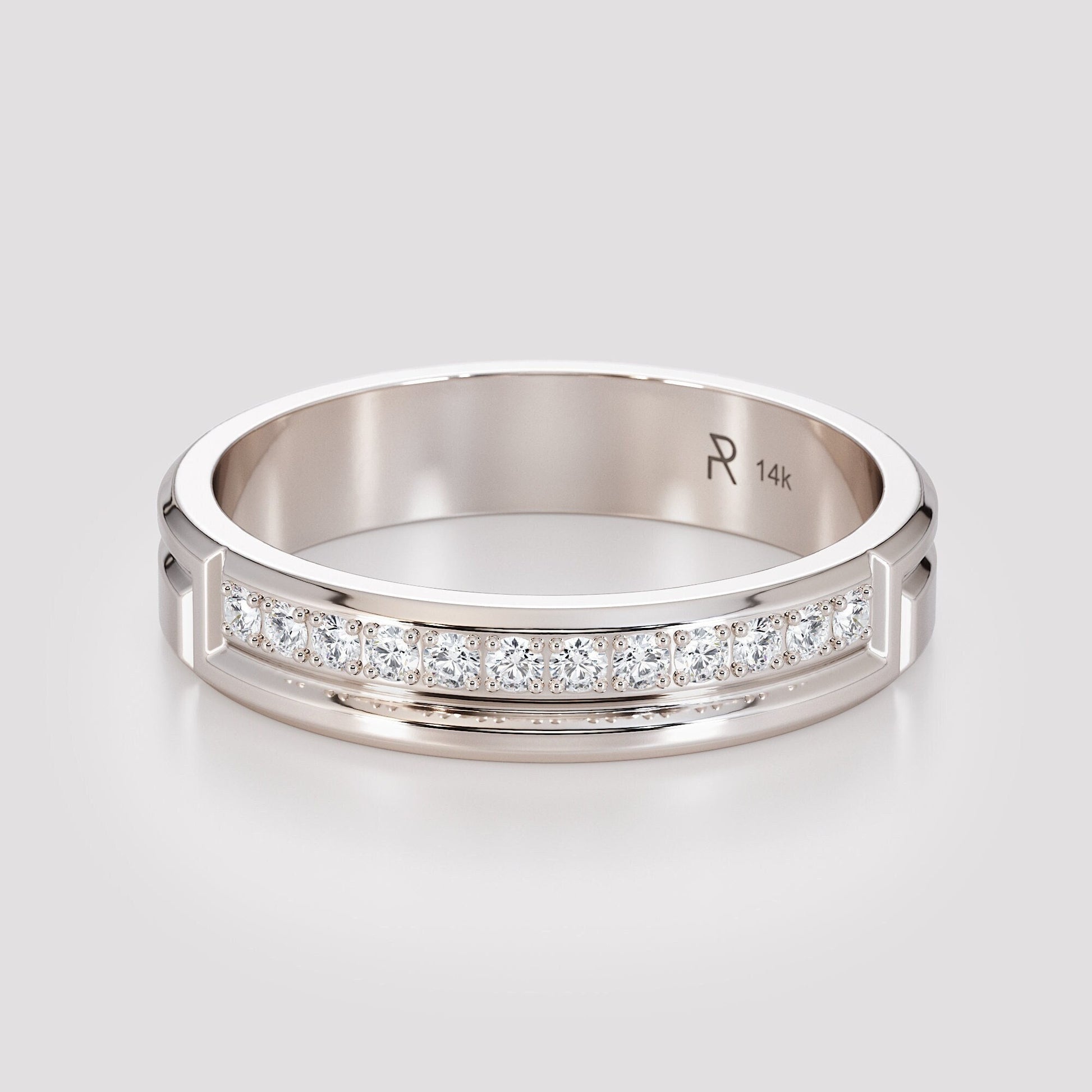 white gold diamond channel ring front view