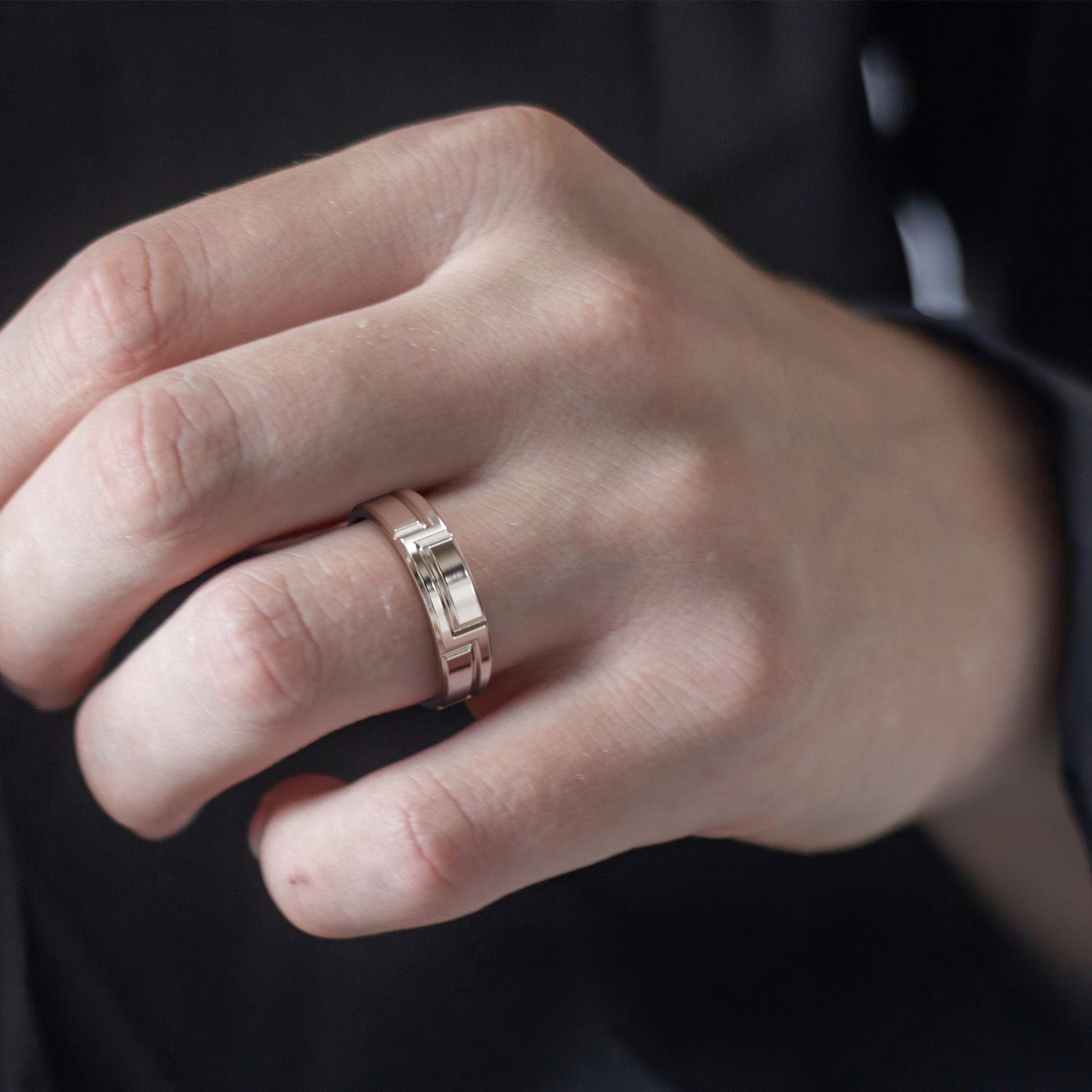 wide gold ring carved design side angle