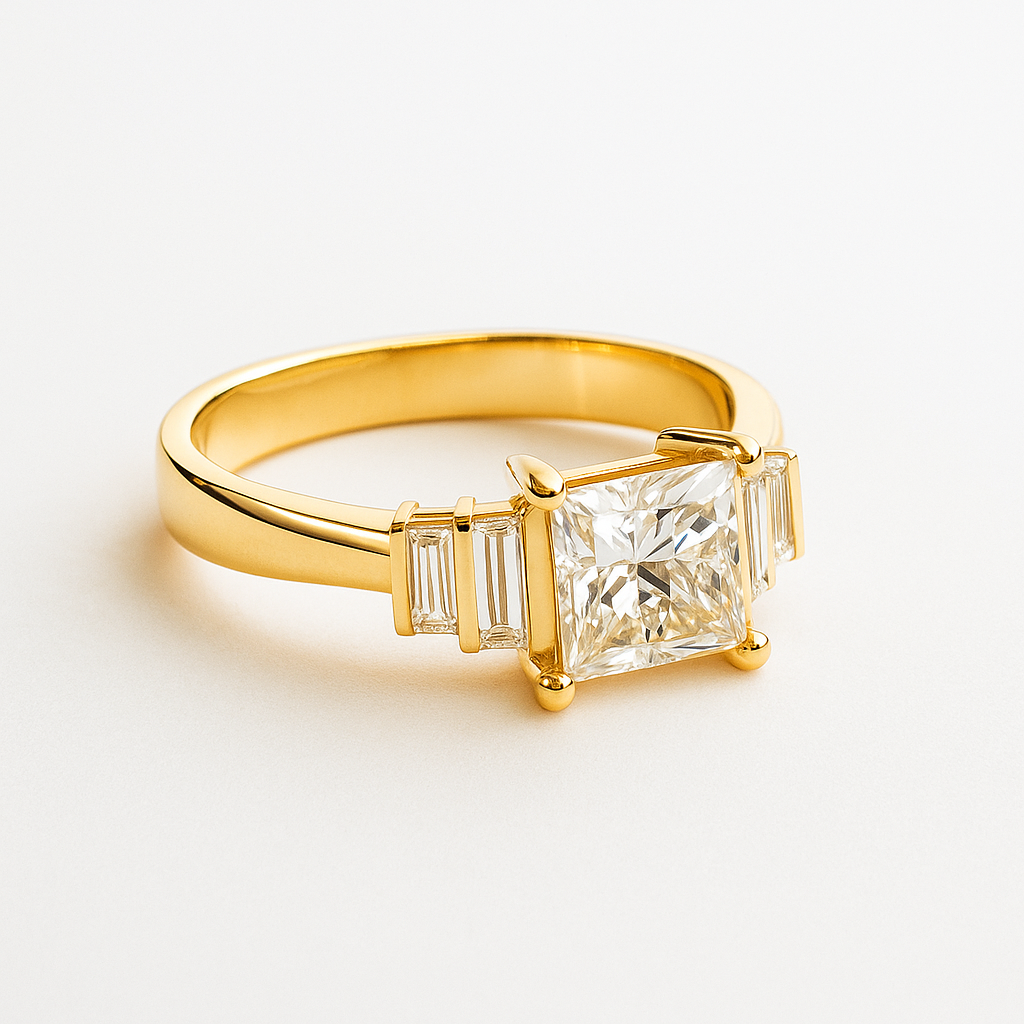 Gold ring with a large diamond and smaller baguette-cut diamonds on a white background